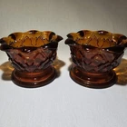 VTG 2 Amber Gold Depression Glass Candle, Candy Dish 2 3/4" Height Pristine EUC