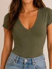 Free People Olive Green V-Neck Bodysuit Women  s Small Rayon Stretch Short Sleeve
