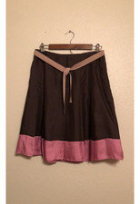 READ Vintage Pure Silk Chocolate Brown Rose Belted Pleated Knee-Length Skirt