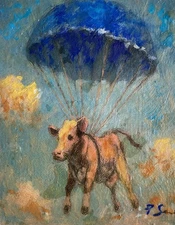 Flying Cow with Parachute – Unique Gift Artwork – Andrew Semberecki