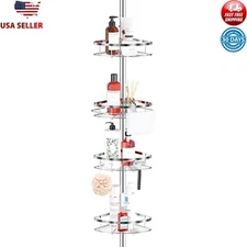 Rustproof Shower Corner Caddy Tension Pole 4 Adjustable Shelves Organizer Sturdy