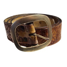 Y2K Vintage Tooled Leather Floral Belt Brass Buckle Boho Western Flower 36"