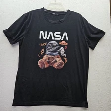 Romwe T-Shirt Kids Size L Black Astronaut Space UFO Teddy Bear Astronaut 1714