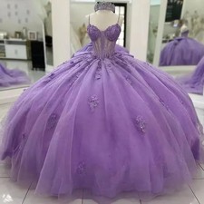 Custom Glitering Lilac Beaded Corset Ball Gown Quinceanera Dress  Bow 3D Flowers
