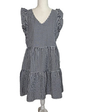 Duffield Lane Navy Blue White Gingham Gwen Seersucker Tiered Mini Dress Medium