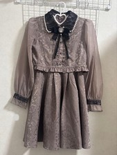 ROJITA Jacquard Dress Mocha Pearl Trim with Brooch 2Piece Set Women's Size M Jap