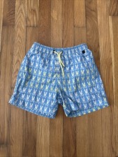 Psycho Bunny Kids Barker Swim Trunks Blue Yellow Bunny Skull Print Size 5-6 XS 