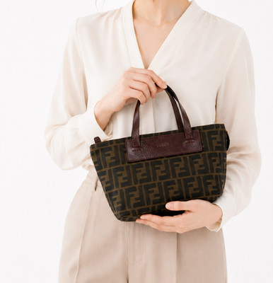 Fendi Zucca Hand bag Leather Canvas Pouch Folding Mini Tote Authentic