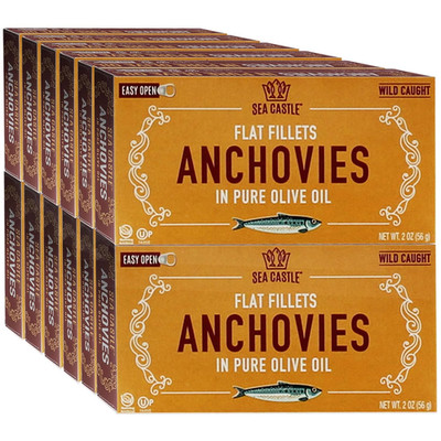 Flat Fillets Anchovies in Pure Olive Oil 2 OZ (12 Pack) Wild Caught Fish, Easy O
