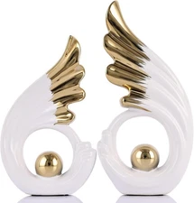 White and gold ceramic abstract statue 2 piece set for home decor gold sculpture