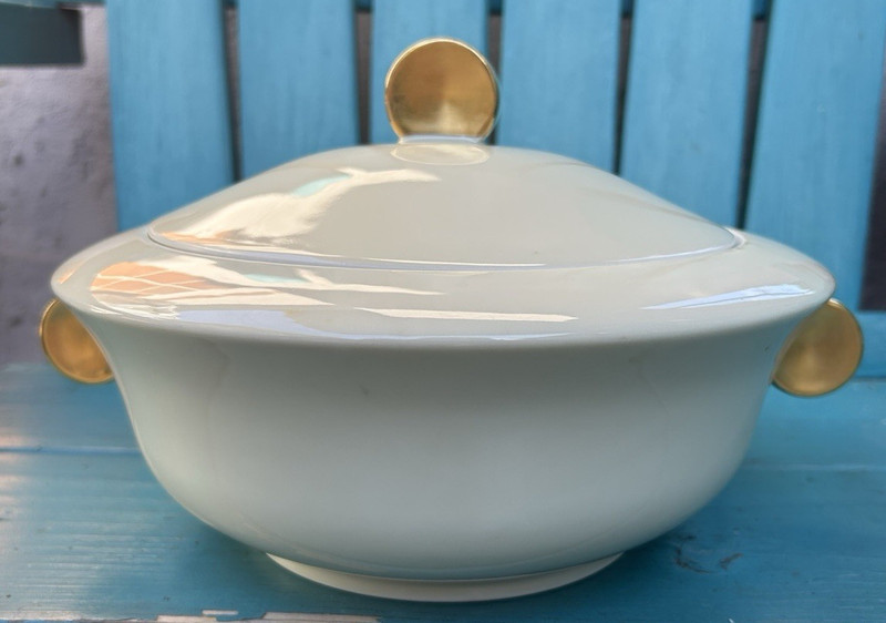 france RAYNAUD & CO COVERED CASSEROLE vegetable serve bowl ART DECO gold LIMOGES