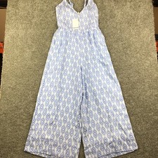 Splendid Womens Wide Leg Linen Jumpsuit Blue Ikat Pattern Size L NWT