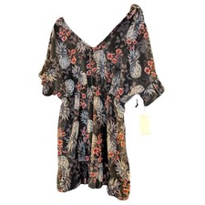 Miken Swim Women Black Pineapple Floral Chiffon V-Neck Swim Cover Up Dress NWT