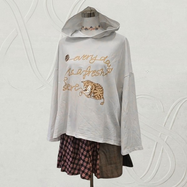Cute Hooded Cat Print Long Sleeve Oversized Sweatshirt Jfashion Cottagecore 