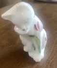 Fenton 2007 Grooming Cat Hand Painted Flowers on Milk Glass Signed Vintage