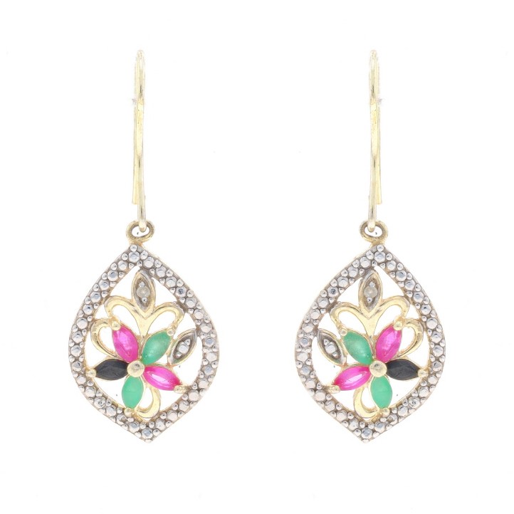 Sterling Ruby Emerald Sapphire Dangle Earrings 92… - image 1