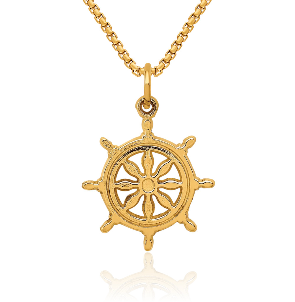 14K Solid Yellow Gold Ships Wheel Necklace