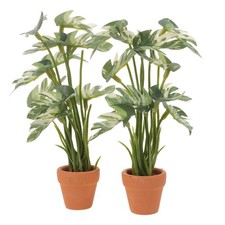  2pcs Mini Artificial Potted Plants Dollhouse Faux Monstera Leaf Decorative