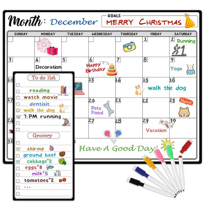 Magnetic Dry Erase Calendar Shopping List Board with 6 Colorful Markers