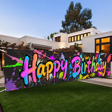 Large Neon Happy Birthday Yard Banner Sign - 120X20 Inches, Polyester Colorful H
