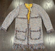United Colors Of Benetton Women tweed jacket Blazer fringe trim Size 6 NEW