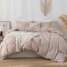 Tan Gingham Duvet Cover Bedding Set Prewashed Extra Soft Comfy Breathable 3 P...