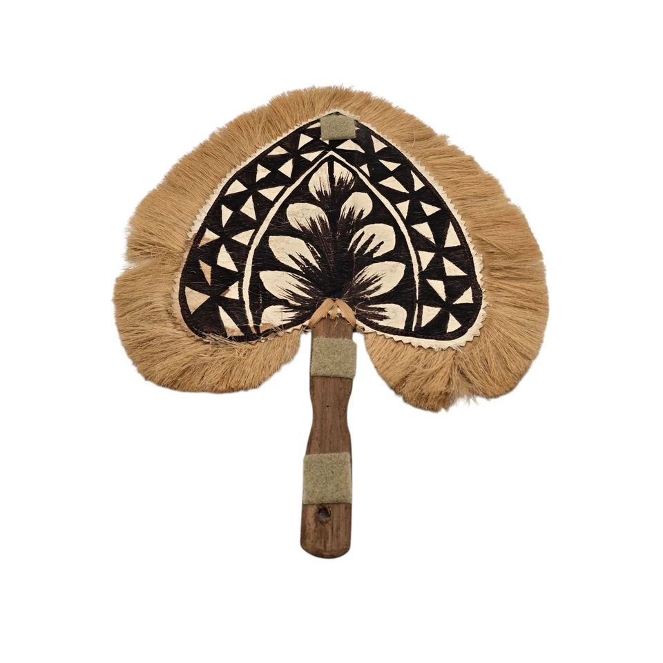 Abanico de mano vintage de césped pintado a mano Polinesia Pacífico Sur diseño floral Foto 3 de 4