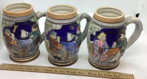 Tilso Handpainted Beer Steins Numbered Set Of 3 German Setting Man Cave Barware