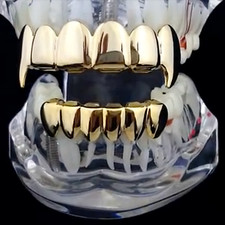 14k Gold Plated Vampire Grillz Set Top Fangs And Regular Bottom Six Teeth Grills