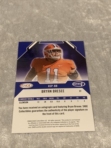 2023 SAGE ASPIRE FOOTBALL BRYAN BRESEE RC AUTO AUTOGRAPH RED FOIL SAINTS CLEMSON - Picture 2 of 2