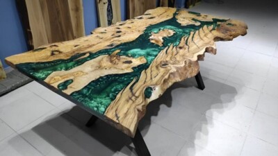 Live Edge Olive Emerald Green Epoxy Resin Dining Table | Handmade Natural Olive