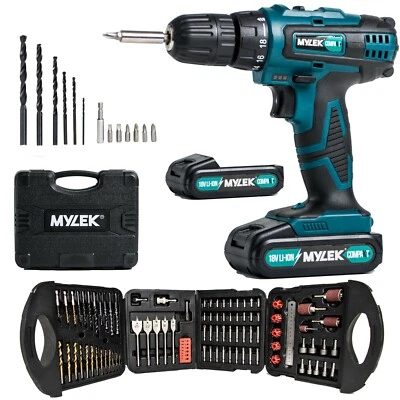 MYLEK Compakt 18V Cordless Drill Set Driver Screwdriver 131 Piece 2 Batteries Li-Ion