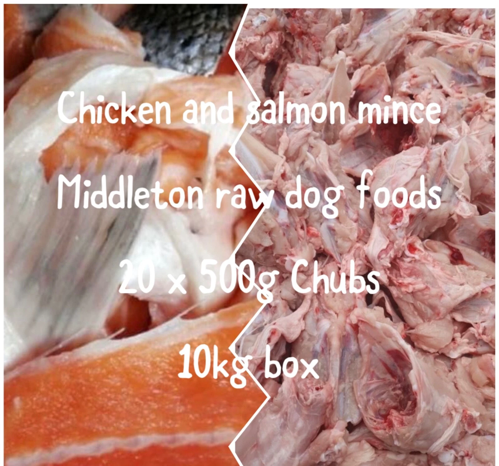 Frozen Dog Food Chicken & Salmon Mince 20 x 500g chubs 10kg box Delivered.
Opens in a new window or