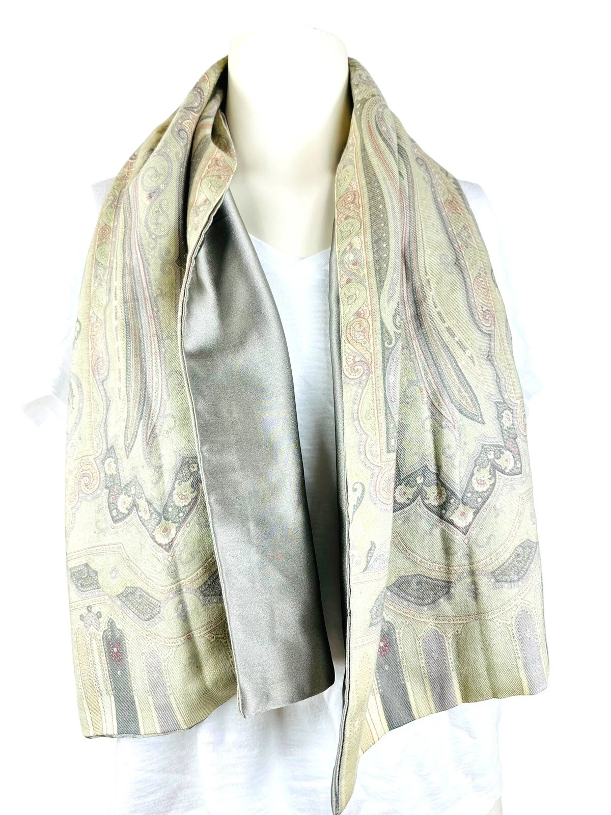 Etro Scarf 100% Silk Wool Paisley Ivory Beige Large Rectangle 45 x 12 Italy