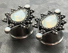 PAIR Faceted Opalite Teardrop Vintage Antique Silver Top Steel Tunnels Plugs