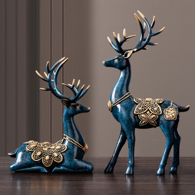 2Pcs Statue Deer Sculptures Figurine Reindeer Office Home Tabletop Art Decor