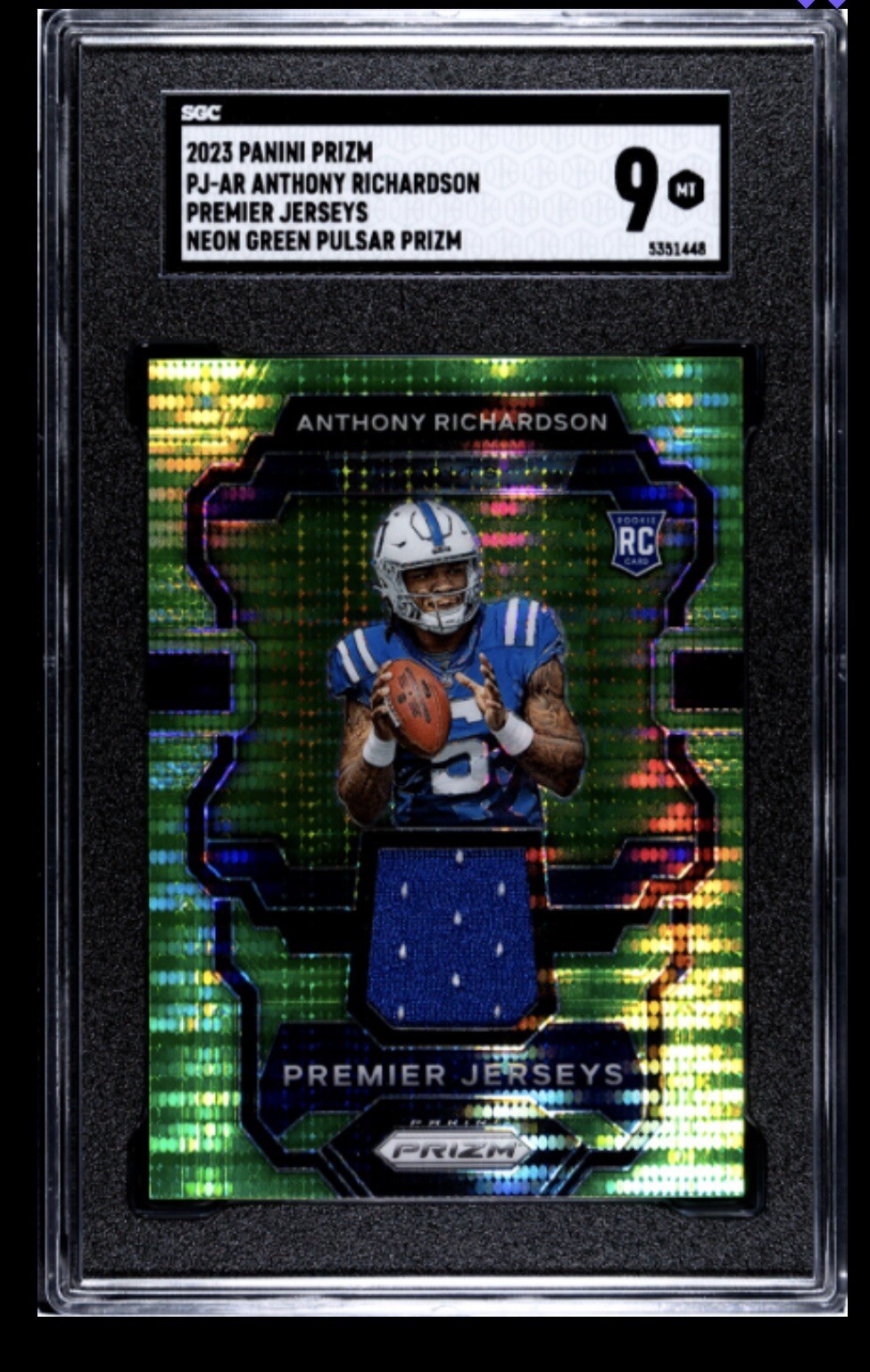 2023 Prizm Anthony Richardson Premier Jerseys Neon Green Pulsar SGC 9 RC #PJ-AR