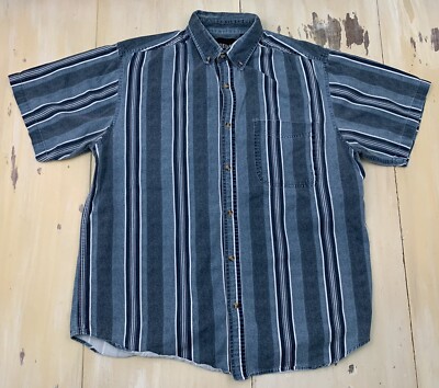 TIMEWEAR: Vtg 90s Blue Striped Button-up Short Sleeve Dad Skate Shirt Mens LARGE