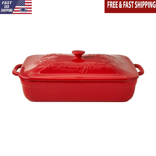 Stoneware Casserole W/ Lid Built-in Handles Floral Design Baking Dishes Home New