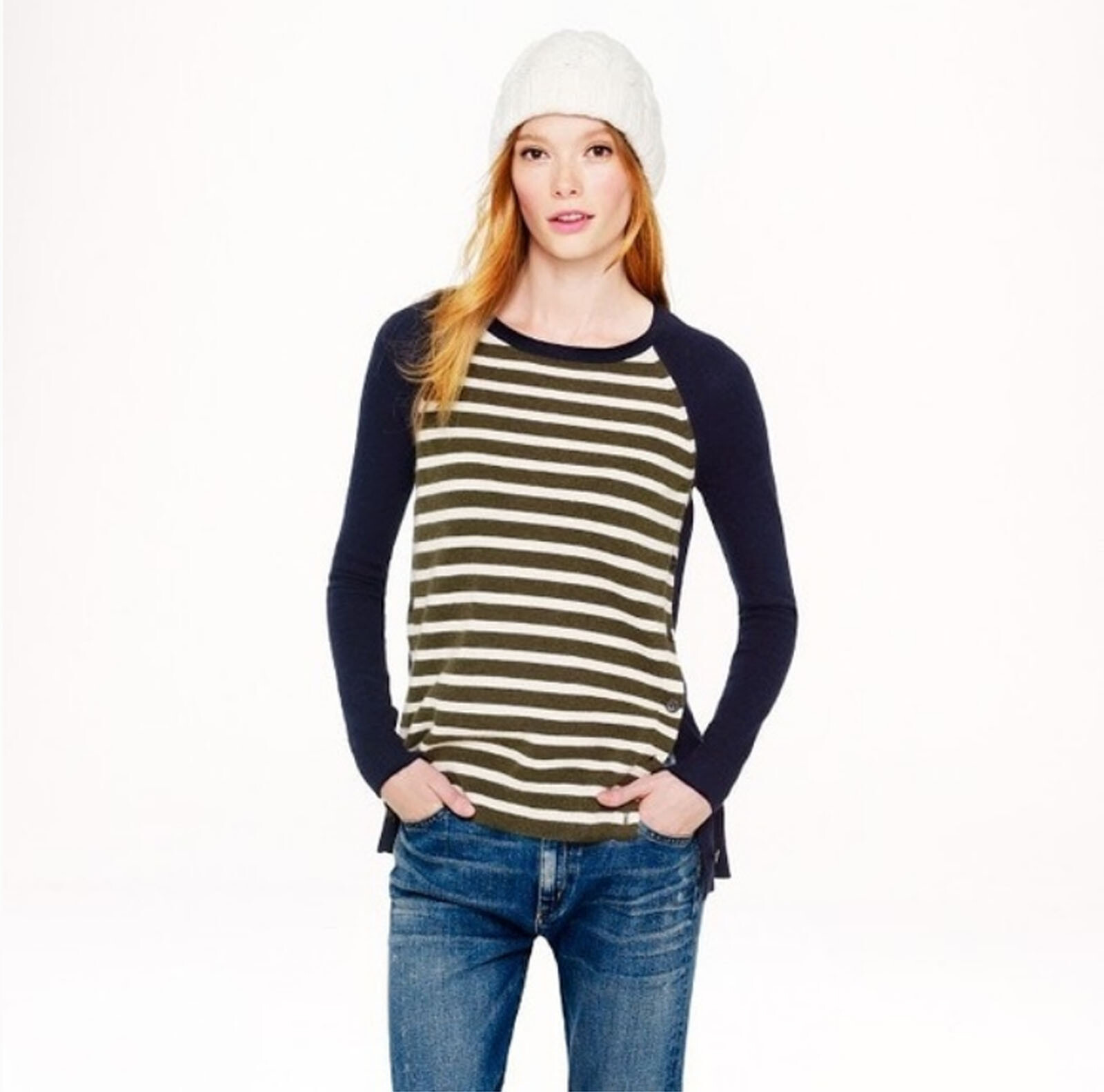 J. Crew Wool Blend Side Button Elbow Patch Stripe… - image 1