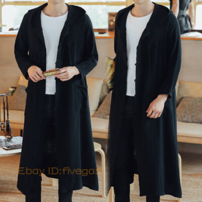Men Cotton Linen Long Coat Chinese Hood Cloak Retro Loose Outwear Oversize M-4XL