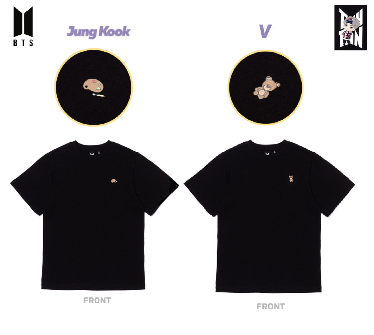 BTS Jungkook, V T-Shirt ICON - TinyTan BLACK Cotton [Sizes M]Offcl