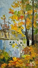 Golden AUTUMN LANDSCAPE RIVER ORIGINAL Impressionism Modern Art Oil painting