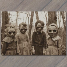 POSTCARD Weird Creepy Vintage Look Vibe Kids Masks Halloween Cult Unusual Family