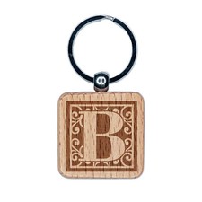 Monogram Swirls Capital Letter B Engraved Wood Square Keychain Tag Charm