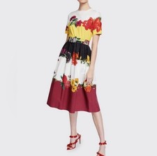 2021 Oscar de la Renta Floral Belted Midi Dress Round Neck Short Sleeve Size 2