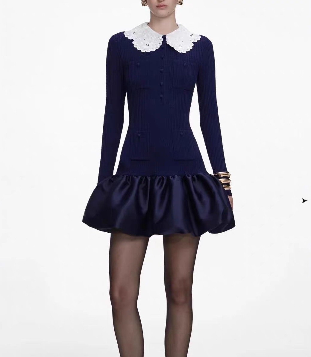 Self Portrait Detachable Lace doll collar Long sleeves Knitted Dresses
