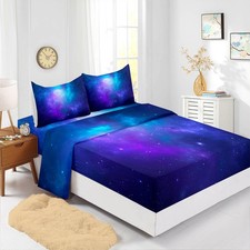 Blue Galaxy Fitted Sheet Set Full 4Pcs Universe Outer Space Starry Sky Beddin...