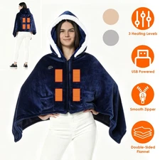 Wearable Heated Throw Blanket w/ Battery Electric Heating Hoodie for Men Women