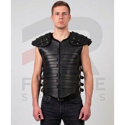 Mens Black Leather Armor Vest Medieval Warrior LARP Fantasy Shoulder Chest Top
